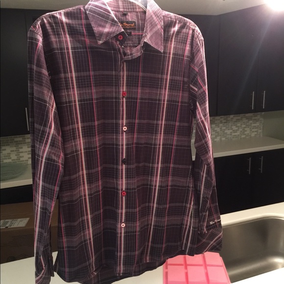 Ben Sherman Mens Dress shirt burgundy plaid. - Picture 1 of 3
